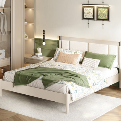 Très grand lit en bois massif avec tête de lit en tissu gris et poignées en métal, support de 600 lb, sans sommier tapissier, design intemporel, lit confortable avec espace de couchage, charge rembourrée, construction, espace spacieux pour