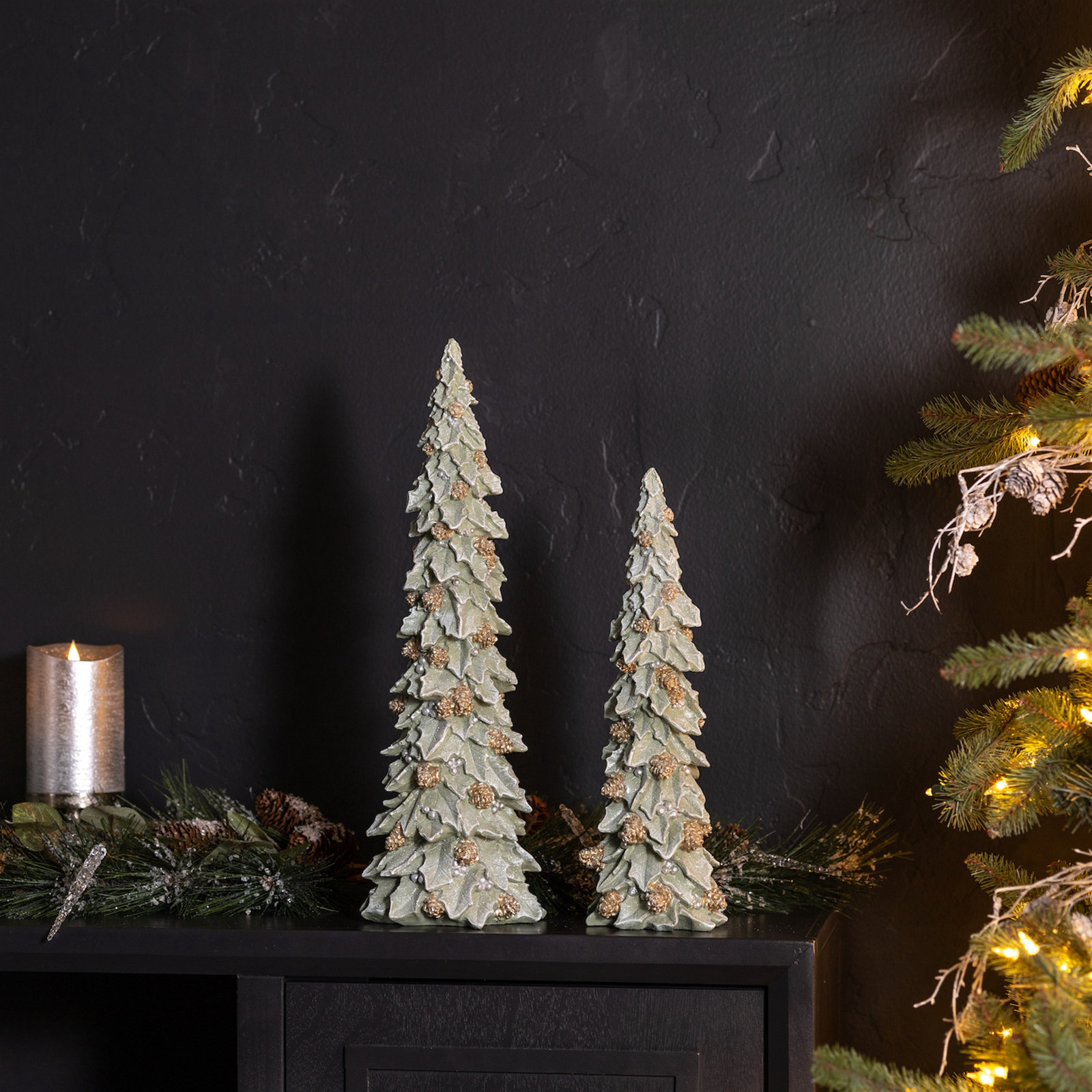 2-Piece Holly Pinecone Tabletop Tree Set