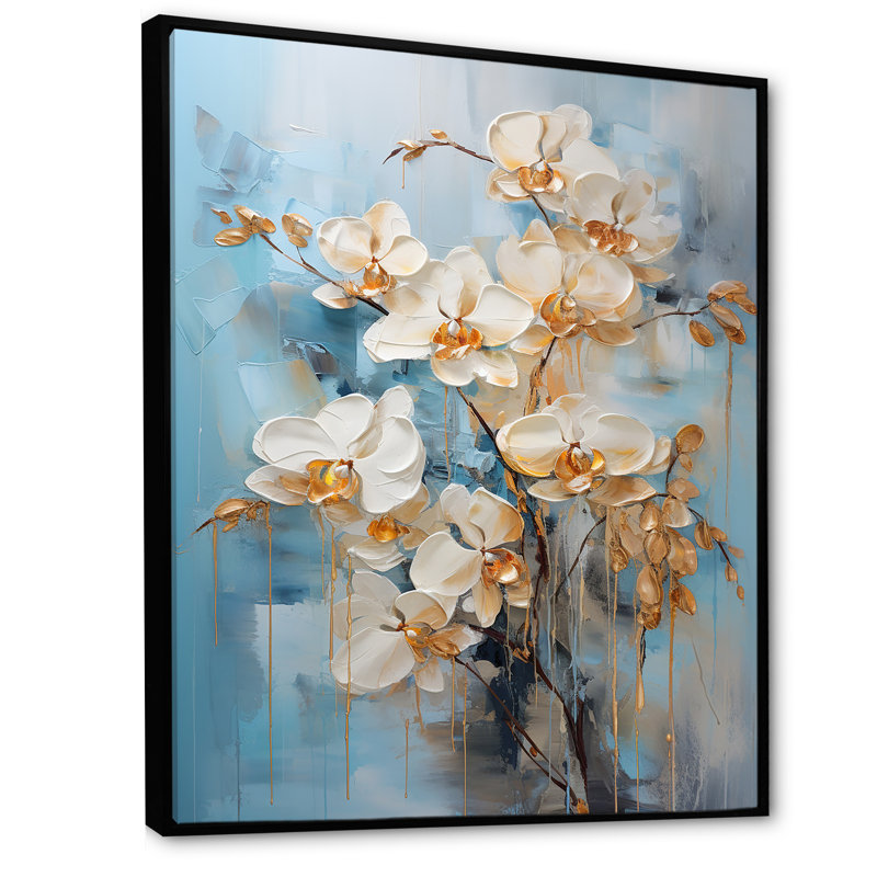 Orchidées beiges et dorées Simplicity VII, Cadre flottant noir, H 32 po x l 24 po x P 1 po