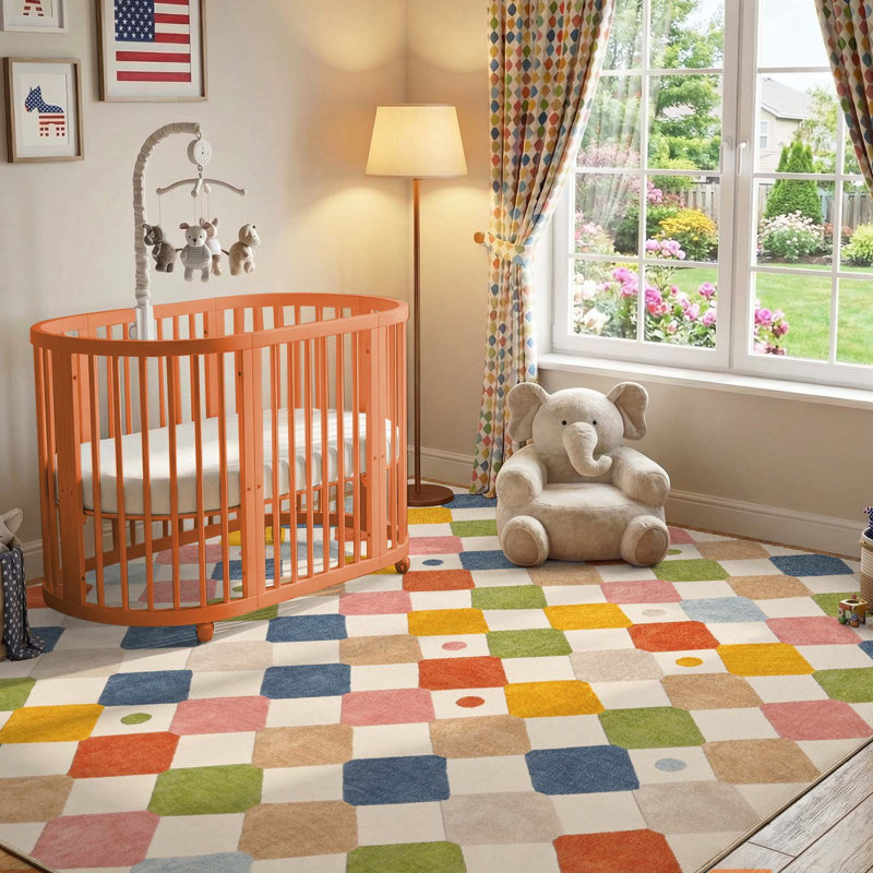 Colorful Diamond for Kids Washable Non-slip Rug, Argyle Circus, Square 8'