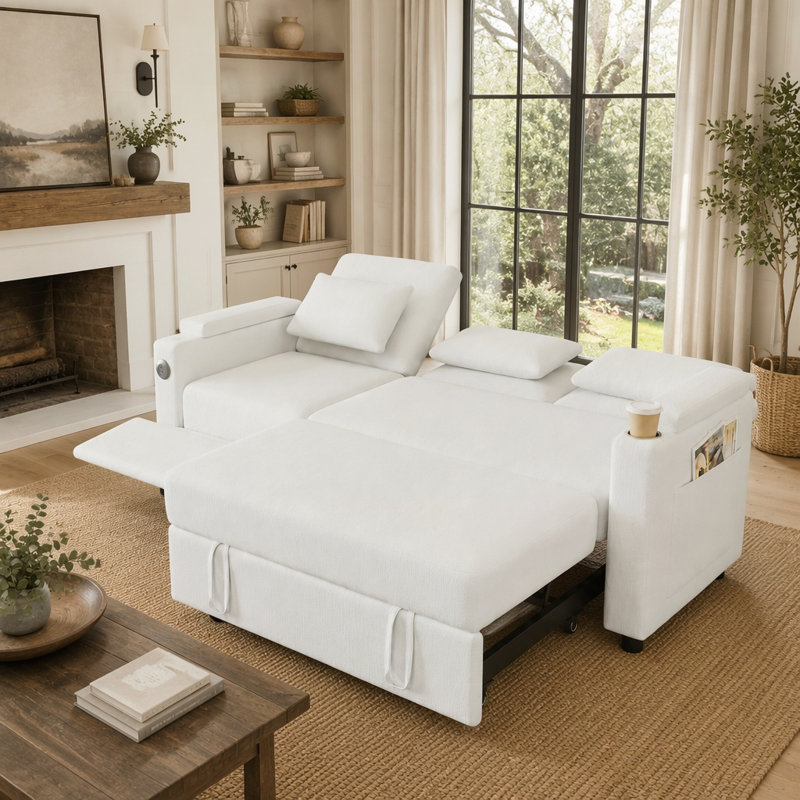 Canapé-lit pliable 3-en-1, Chenille blanc cassé