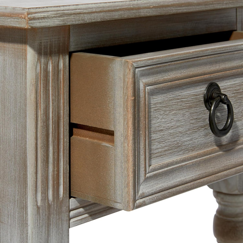 Rustic Farmhouse Wood Side Table With Drawer And Shelf, Pine And MDF Construction, Distressed White Finish
