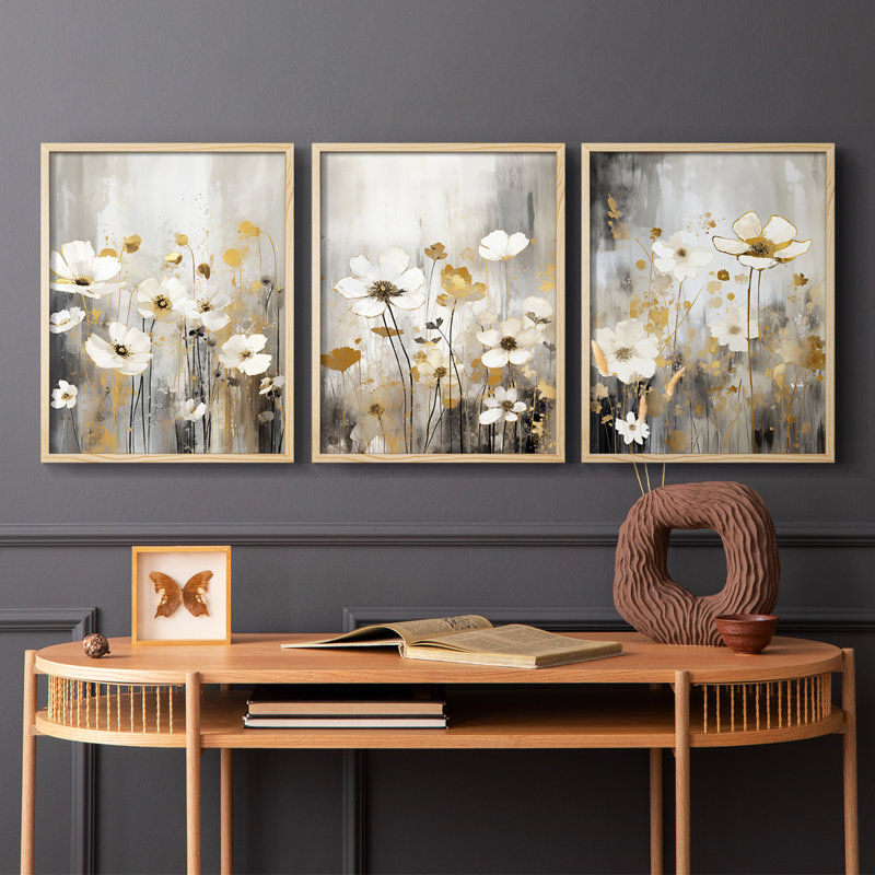 Étude florale CXL -Set de 3 estampes numériques giclées -Prêt à accrocher, H 10 po x l 8 po, Encadré naturel