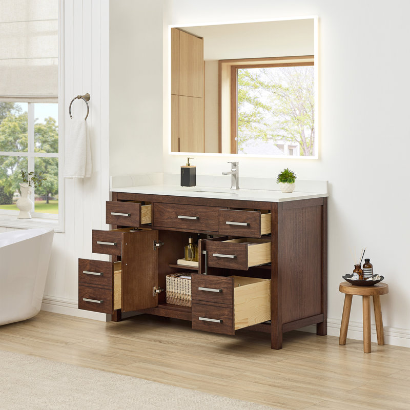Beckett 54" Freestanding Single Bathroom Vanity with Quartz Top, Dark Walnut, Brushed Nickel, Giotto Quartz