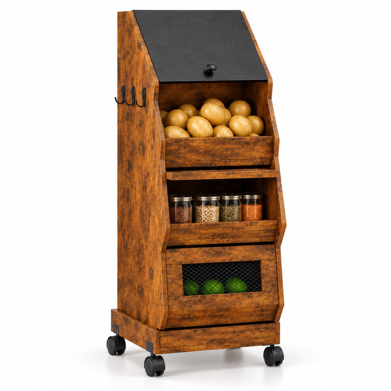 Meuble de rangement à 3 niveaux pour pommes de terre et oignons, bac à légumes de 96,5 cm (38 pouces) aspect bois brun avec paniers en maille aérée, couvercle supérieur et roulettes pivotantes pour la cuisine, le garde-manger et la salle à manger.