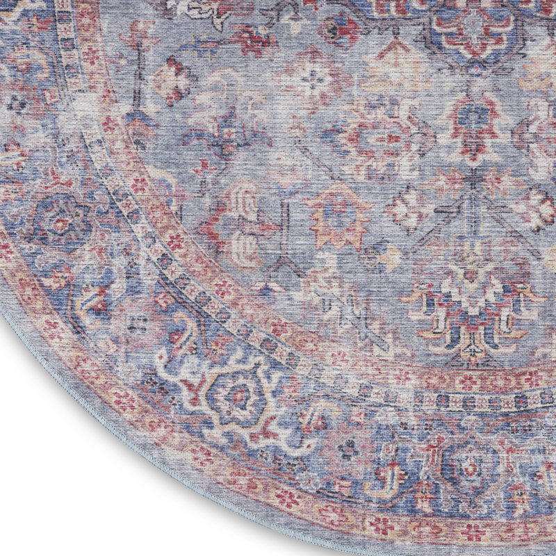 Machine Washable Oriental Blue/Red Area Rug, Round 7'10"