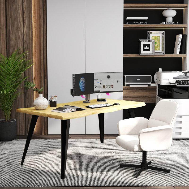 Modern Home Office Desk and Swivel Chair Set – 63" Desk Top with Wave Edge & Adjustable Fabric Upholstered Chair