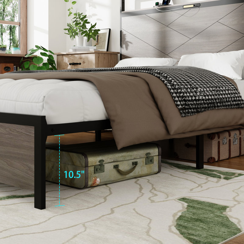 Queen Bed Frame With Led , 2 , Under - Storage Area, Metal Frame, Antique Grey, Artistic And Load Bearing Size, Headboard Storage, Construction, Simple