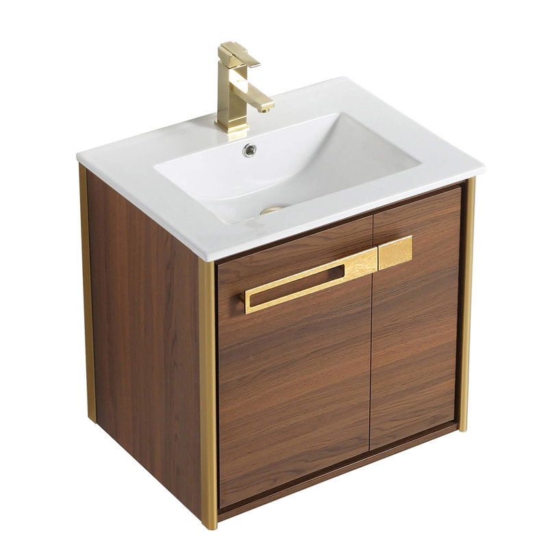 24 " W 1 Single Vanity Bathroom Vanity With Vitreous China Top, Walnut Ebony, Satin Brass