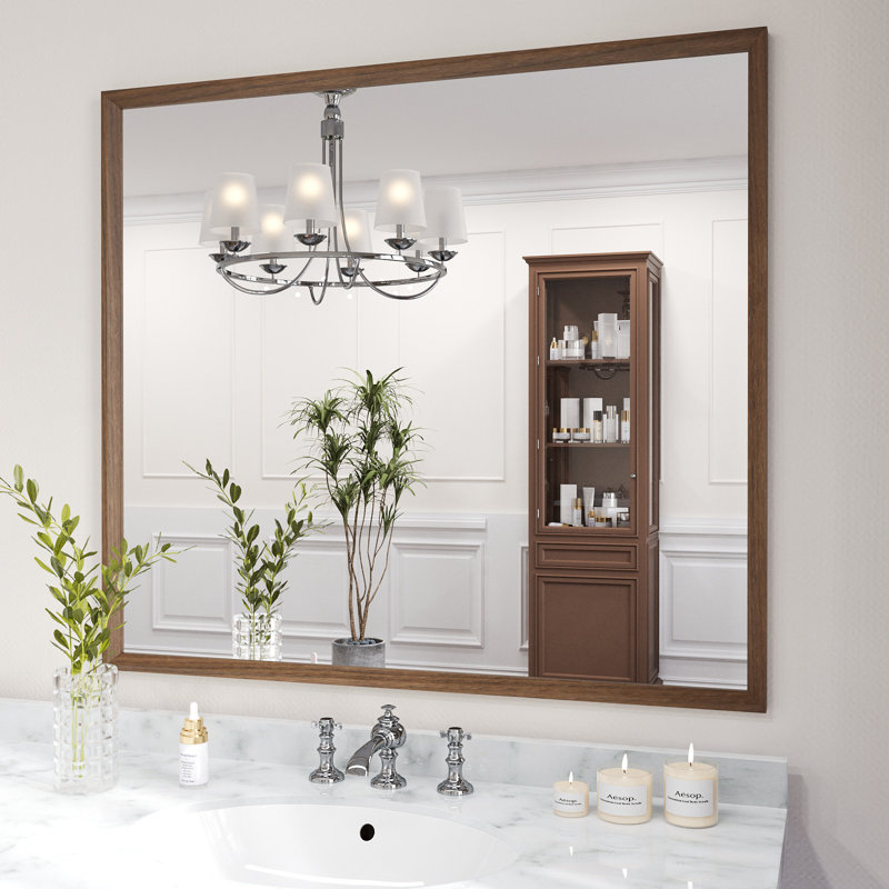 Walnut Wood Grain Framed Rectangle Bathroom Mirror, Wall Mounted Vanity Mirror with 4 MM Tempered Glass, 36" x 36"