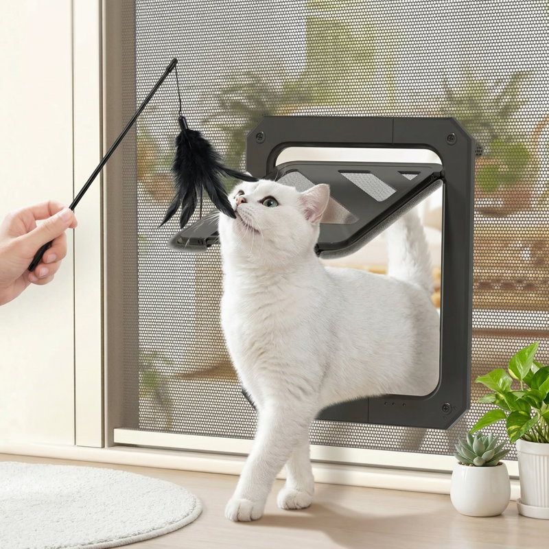 Volet de porte verrouillable verrouillable, ouverture magnétique 7 x 9 po, pour chats et petits chiens de 20 lb ou moins, comprend un jouet interactif pour chat et des outils d'installation, noir