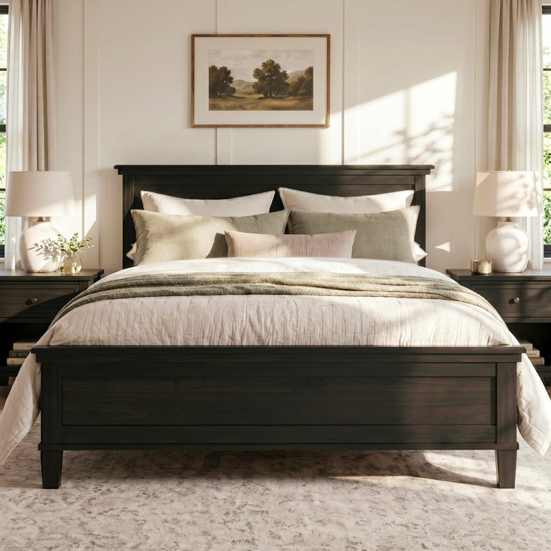 Lit plateforme en bois de style Mid-Century, cadre de lit de style campagnard avec tête de lit et support à lattes de bois, aucun sommier nécessaire, grand