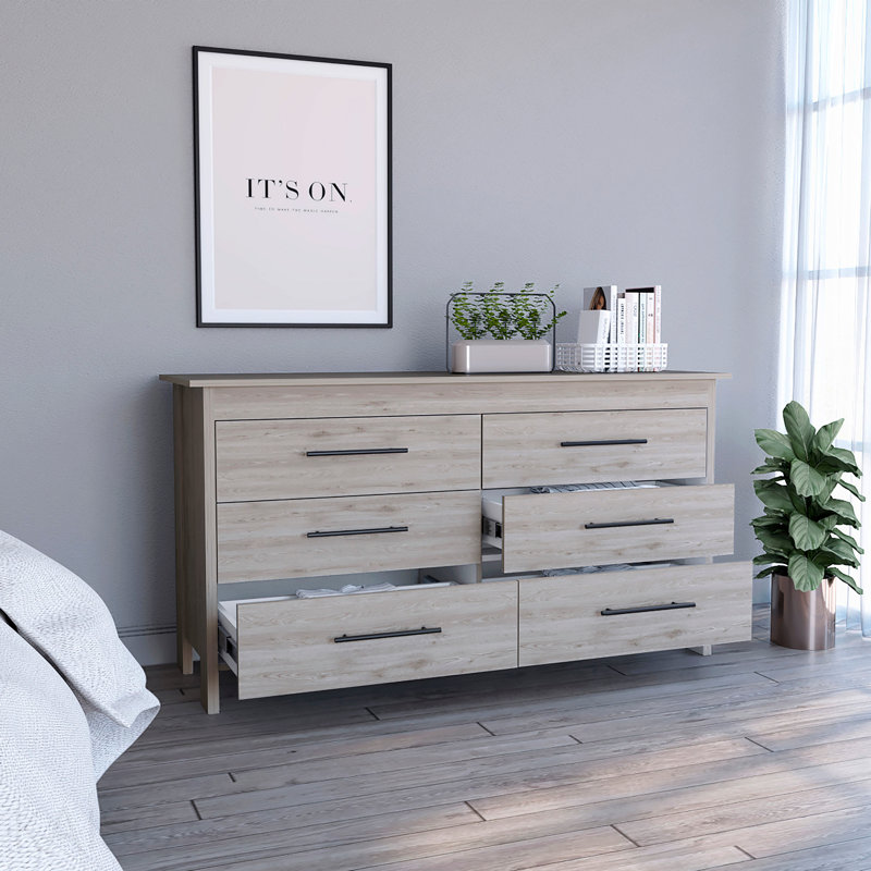 Commode double 6 tiroirs, quatre pieds, plateau supérieur, six tiroirs - gris clair, Gris