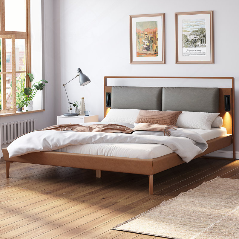 Lit double brun et gris avec veilleuses 2 pièces, Double