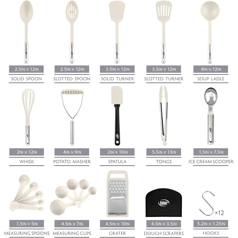 Ensemble d'ustensiles de cuisine 35 pièces avec porte-outils en nylon et en acier inoxydable Kaluns, résistant aux égratignures, résistant à la chaleur, lavable au lave-vaisselle, kaki