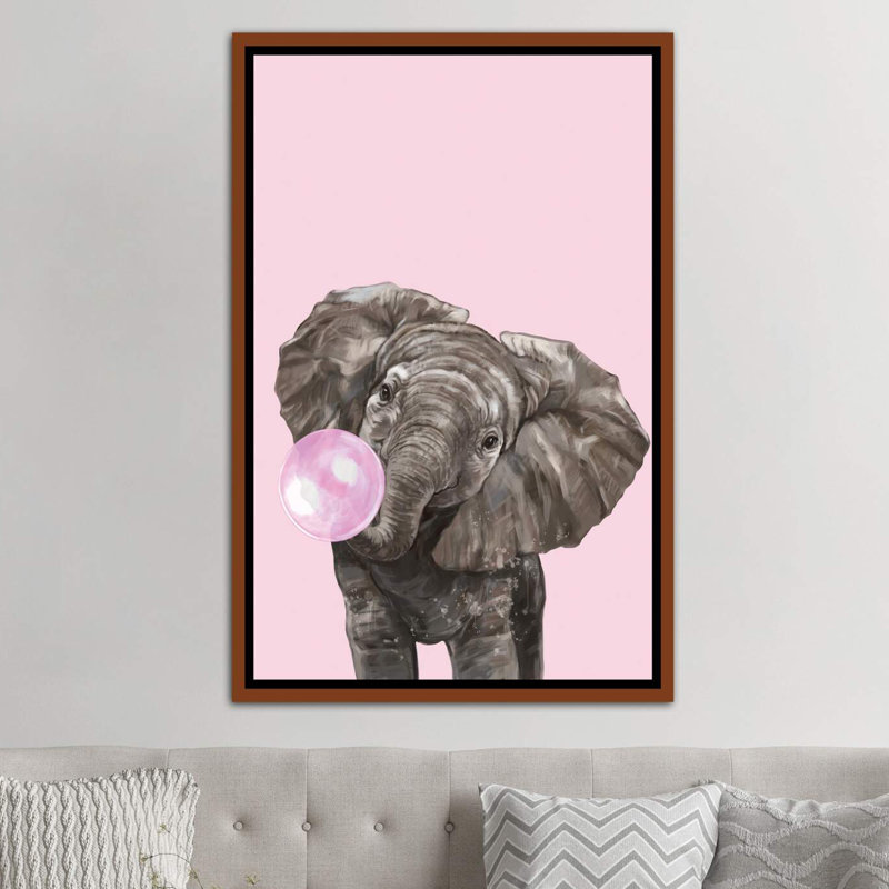 Art d’éléphant de gomme à bulles, Toile avec cadre en bois classique, H 26 po x l 18 po x P 1,5 po