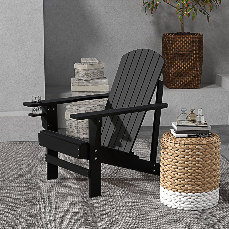 Adirondack Chair, Outdoor Patio Lawn Chair With Cup Holder, Black