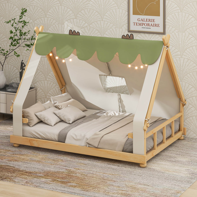Lit de maison avec tente et éclairage, White, Double