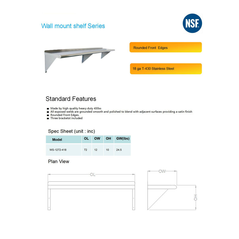Tablette murale 6 pouces Nsf Ws-1272-418