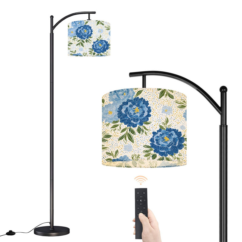 Lampe sur pied à arc avec abat-jour réglable pivoines florales bleues, feuilles vertes, lampe sur pied rétro, 3 couleurs, intensité variable, haut, poteau avec interrupteur au pied pour la chambre à coucher