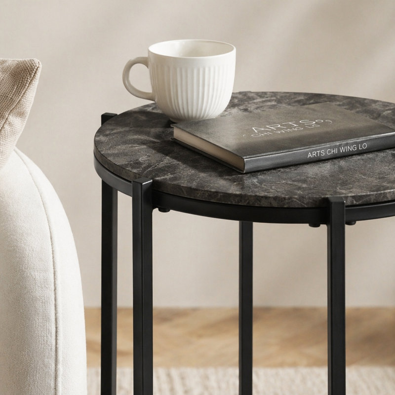 Table d'appoint, bout, rond, table d'appoint, petite lampe, salon, chambre à coucher, table de chevet, stratifié bronze foncé, métal noir, table d'appoint contemporaine