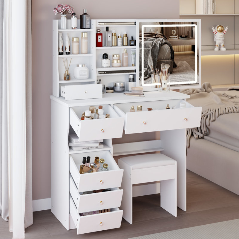 Fashion Vanity Desk, Brightness Adjust LED Mirror, High Capacity Storage, Suitable for Large Space, White