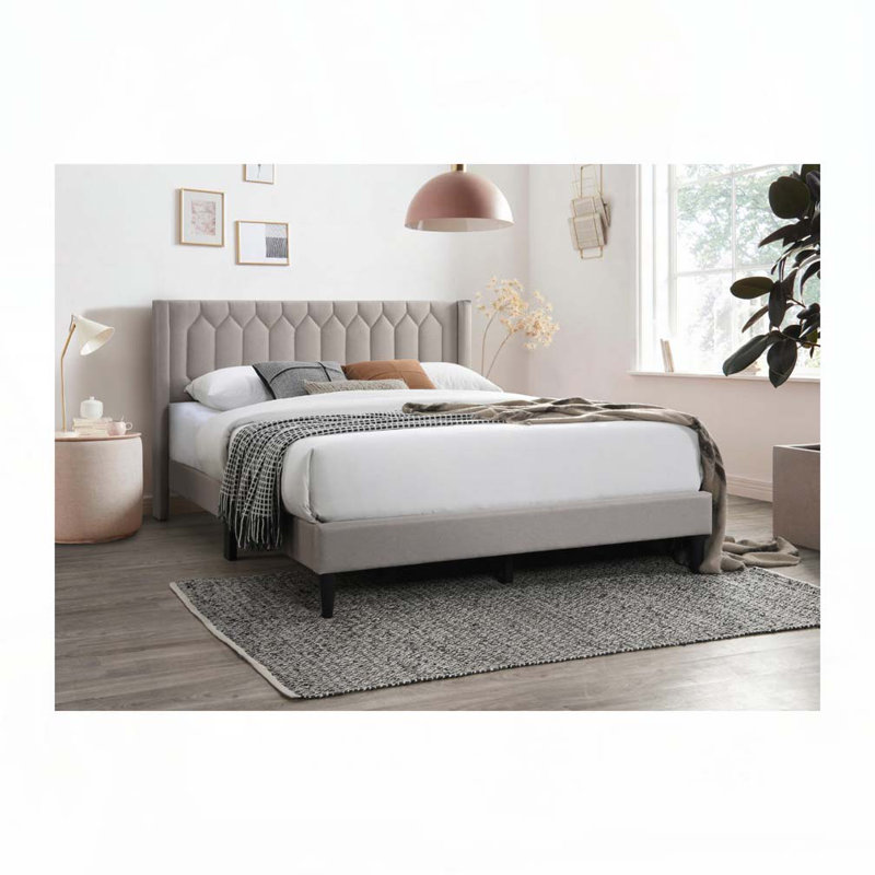 Burlap Fabric Upholstered Bed, Light Brown