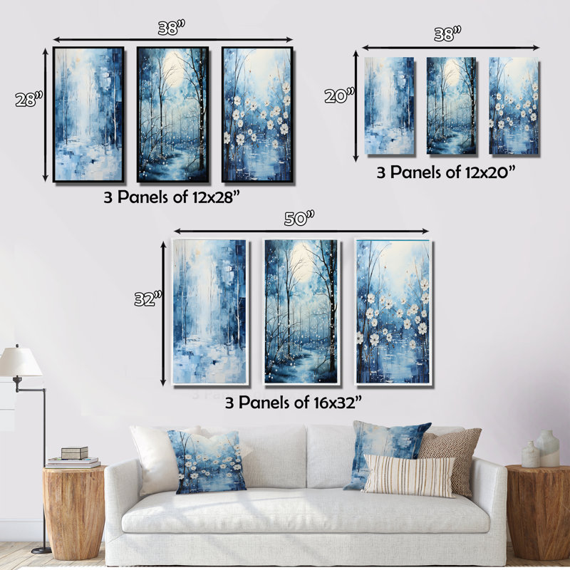 «Snow Winters Solitude II», 3 pièces sur toile, Cadre flottant blanc, H 20 po x l 36 po