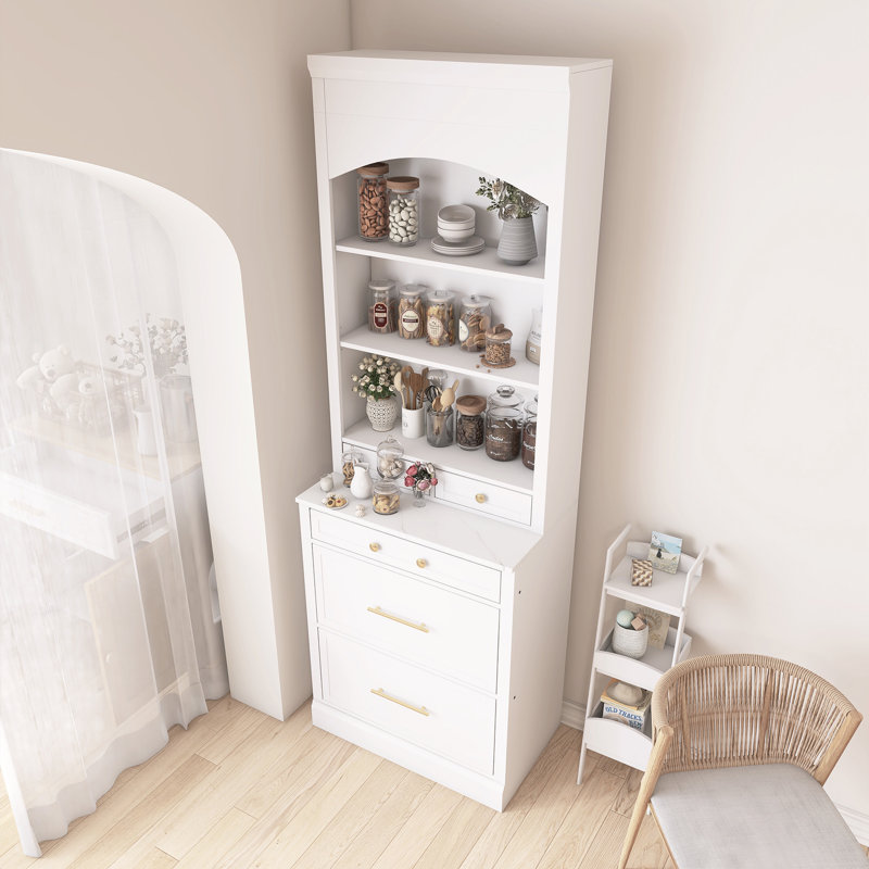 Grand bahut autoportant avec plateau en faux marbre, Blanc, Doré