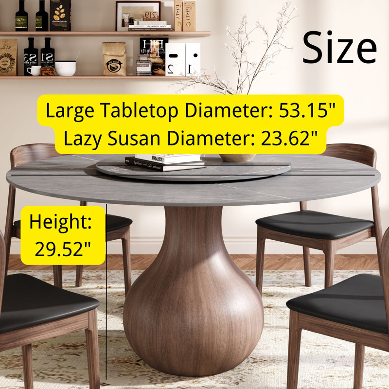 Table de salle à manger gris brouillard avec plateau tournant amovible, H 29,5 po x L 53 po x l 53 po