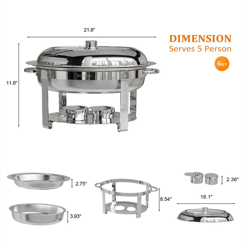 Ensemble de buffet à vaisselle ovale en acier inoxydable 6 pintes avec couvercle en verre 8 pièces
