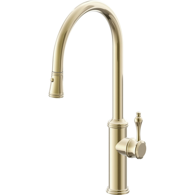 Davoli Pull-Down Kitchen Faucet with Button Sprayer - High Arc Spout, Polished Brass