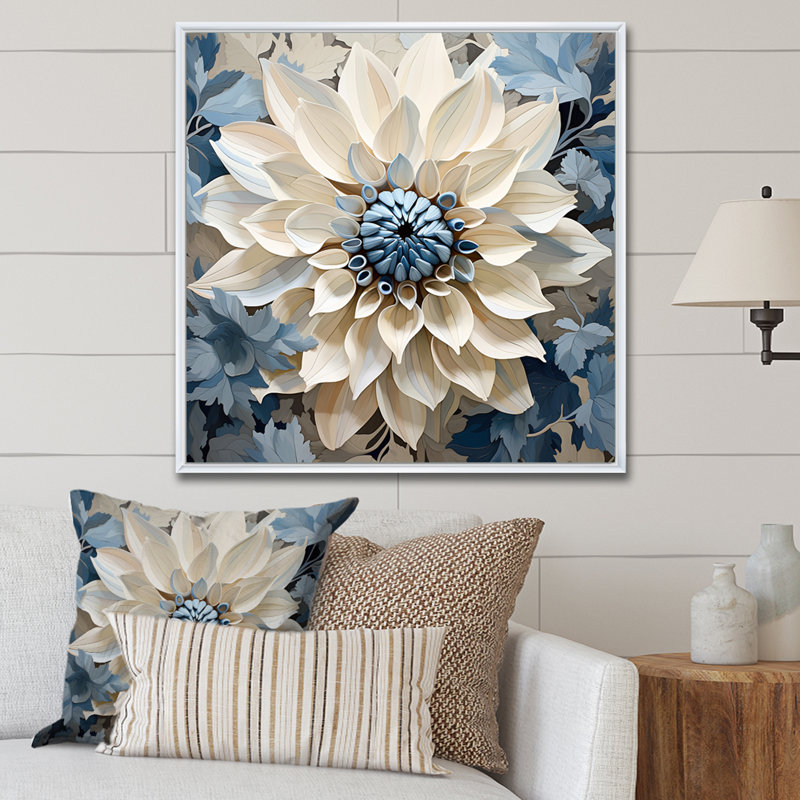 «Blue and White Dahlia Blossom Delight III», reproduction sur toile, Cadre flottant blanc, H 30 po x l 30 po x P 1 po