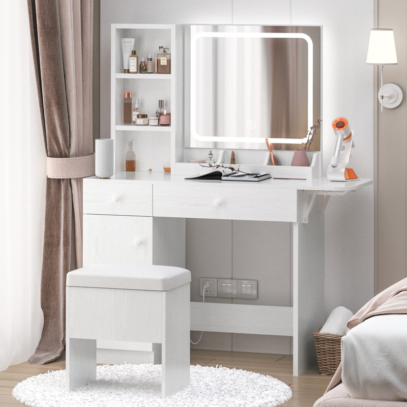 Vanity Desk Set With Led Lighted Mirror & Power Outlet, Makeup Table Top with 3 Open Bookcases, 3 Cubbies, 2 Drawers, Dresser Table for Bedroom, Checkroom