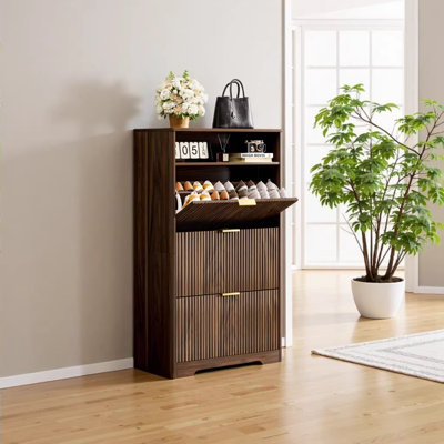 Range-chaussures autoportant à 3 tiroirs avec poignées dorées en noyer - L 31,6 po x l 9,6 po x H 54,4 po, organisateur de vestibule autoportant avec tablettes réglables pour vestibule / couloir