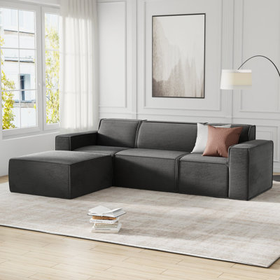 106" Wide Convertible Sectional With Ottoman In Corduroy, Mid Century Modern Cloud Couch & Sleeper Sofa by George Oliver