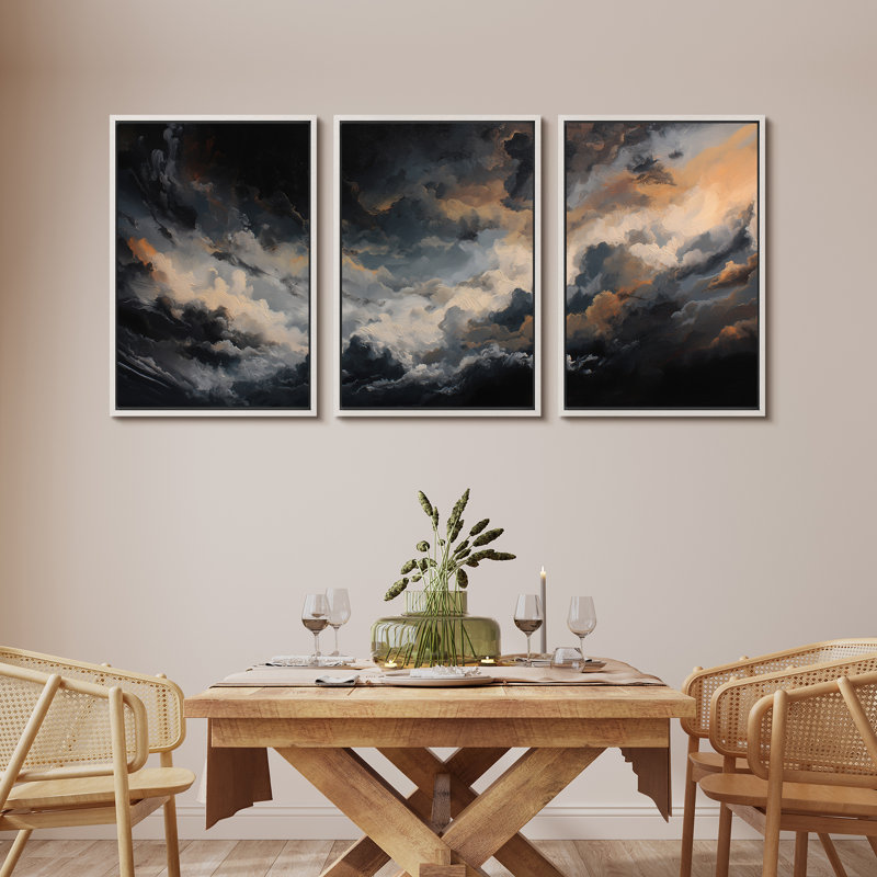 «Stormy Dramatic Cloudscape Triptych», reproduction d'art sur toile encadrée 3 pièces, H 36 po x l 72 po x P 1,5 po