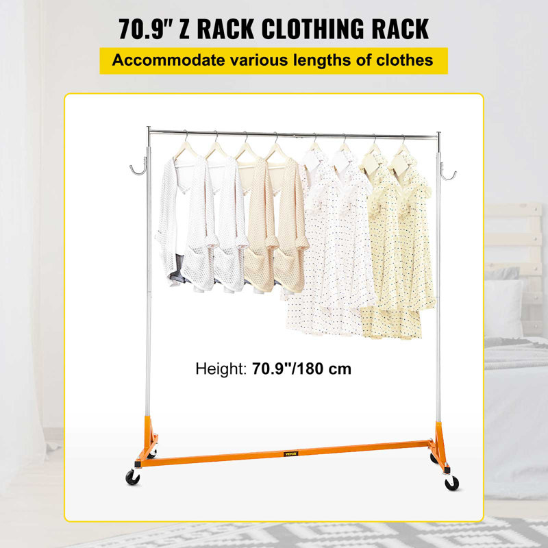 Orange Heavy-Duty Adjustable Rolling Garment Rack with Lockable Casters