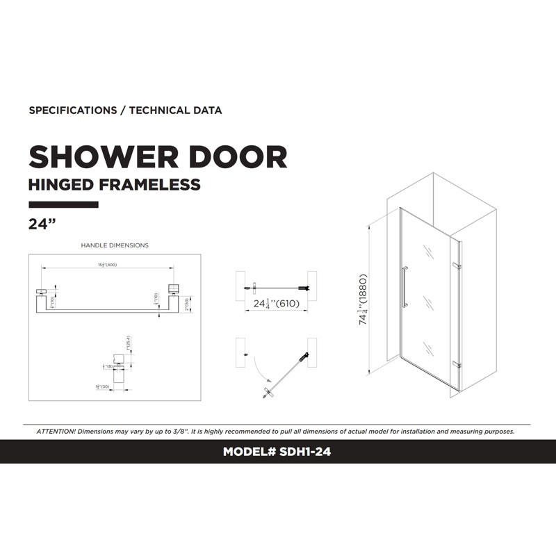 Porte de douche à charnière sans cadre l 24 po x H 74,25 po, Noir