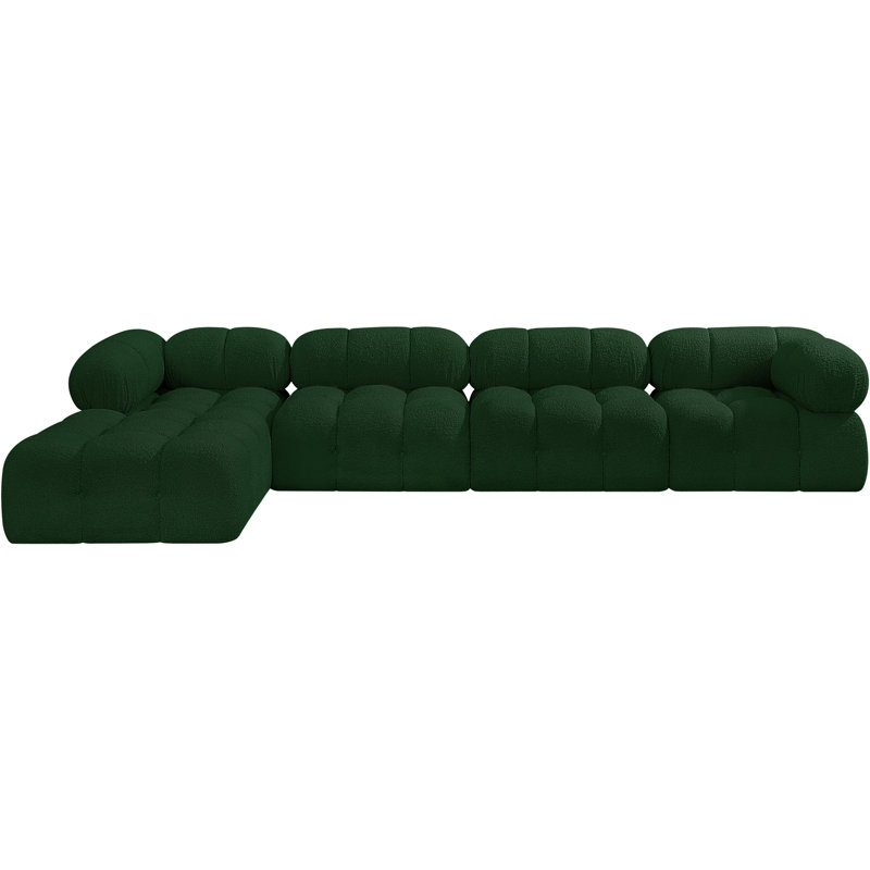 Canapé Ames, Tissu bouclé vert, 2 repose-pieds, 2 sans accoudoirs, 1 repose-pieds