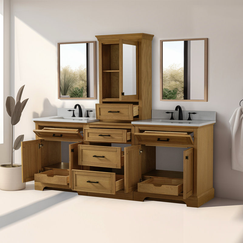 Arruda 84'' Double Bathroom Vanity with Quartz Top, Oak