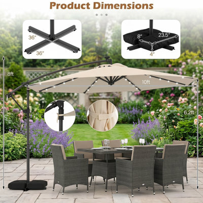 Parasol de patio en porte-à-faux décalé de 10 pi avec base, 32 lumières DEL, rotation à 360 ° et manivelle; pour piscines, terrasses, jardins et arrière-cours, marine