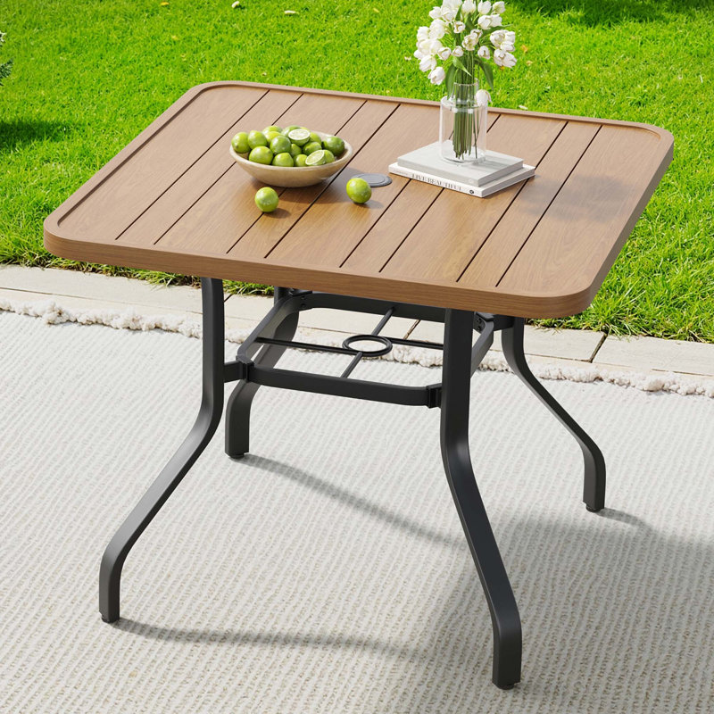Table de salle à manger d'extérieur carrée en métal 35 po x 35 po avec trou pour parasol 1,57 po, Natural