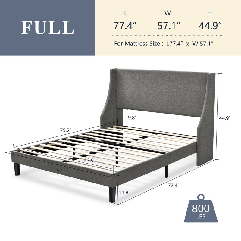 Lit plateforme tapissier Toderick avec aile de luxe et mélange de lin, Double, Gris clair