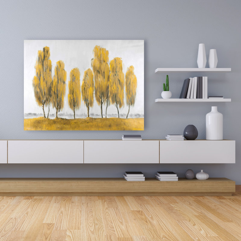 Seven Abstract Yellow Trees | Grey Canvas | Home Decor Art, 48" H x 36" W