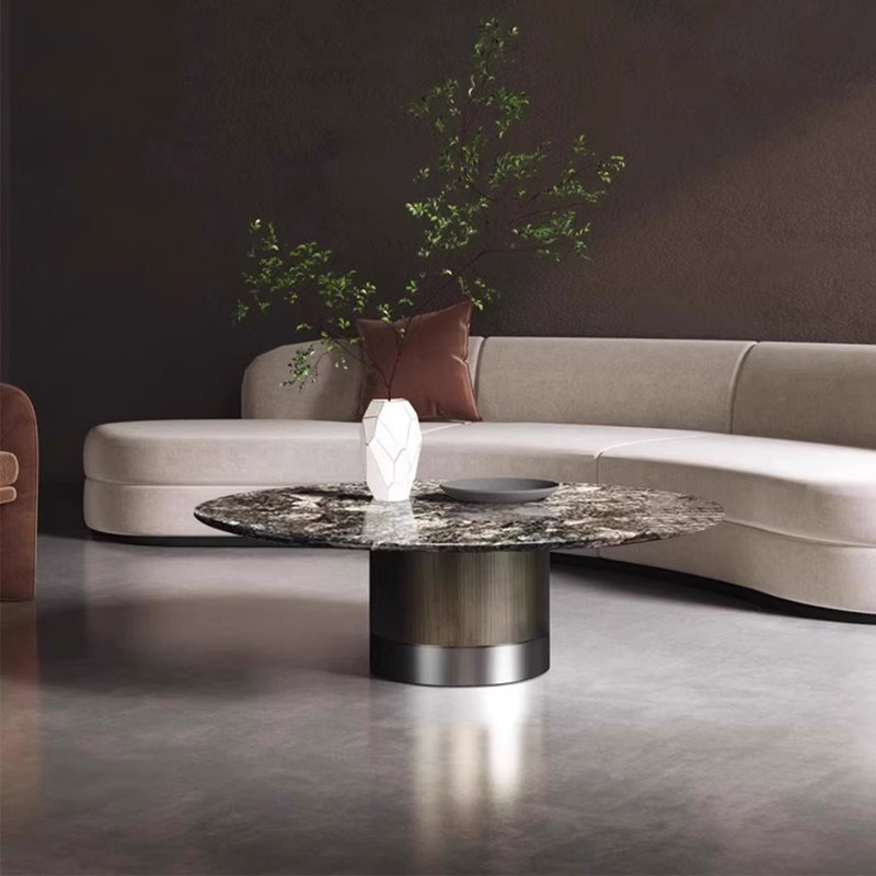 Table basse de luxe en pierre naturelle avec base en métal brossé, H 16,54 po x l 39,37 po x P 39,37 po
