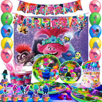 Ensemble de décorations de fête d'anniversaire Trolls, 112 pièces Trolls Articles de fête et vaisselle de fête pour enfants Trolls