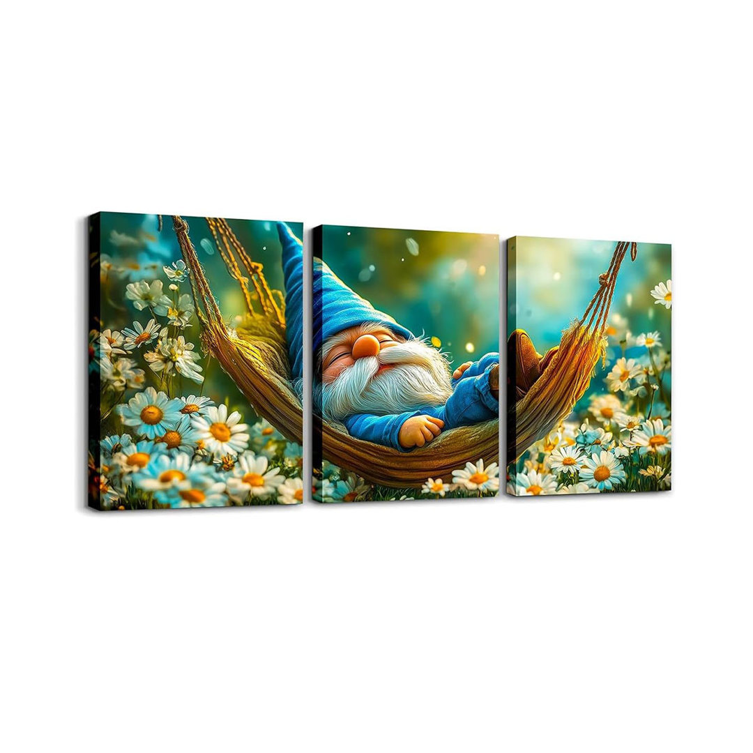 Relaxing Gnome Canvas Wall Art - Daisy Flowers Poster Prints Artwork - Cute Gnome Sleeping In A Hammock Framed Wall Art Botanical Flower Leaves Pictur