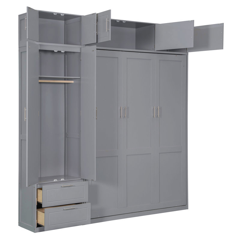 Lit escamotable mural avec bureau, armoire supérieure et tablettes de rangement, lit pliable peu encombrant, Gris