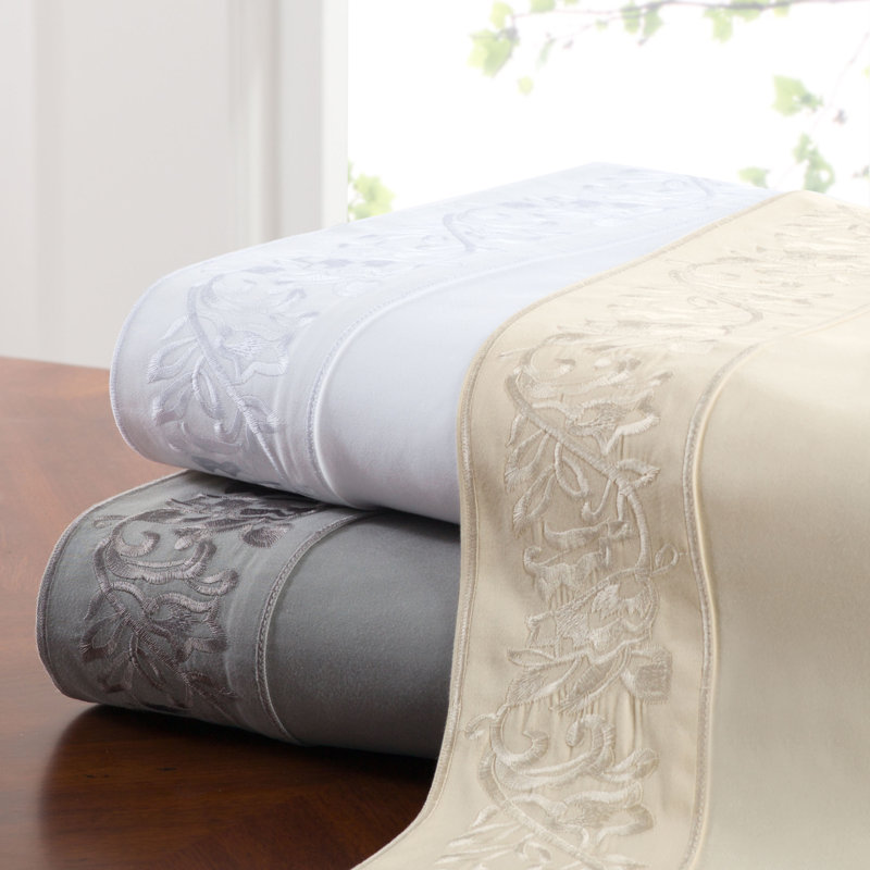 CEDAR COURT Leaf Emb 400 Thread Count Embroidered Sheet Set, Full Sheet Set with 2 Pillowcases, Mid Gray